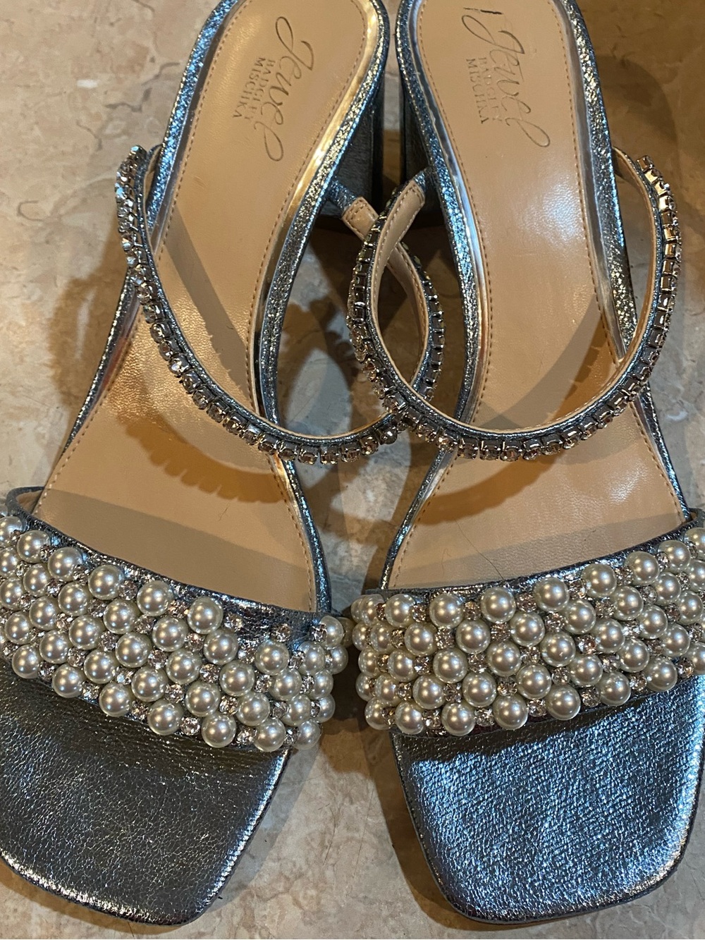 Jewel Badgley Mischka Silver Pearl-Clustered Strappy Heels